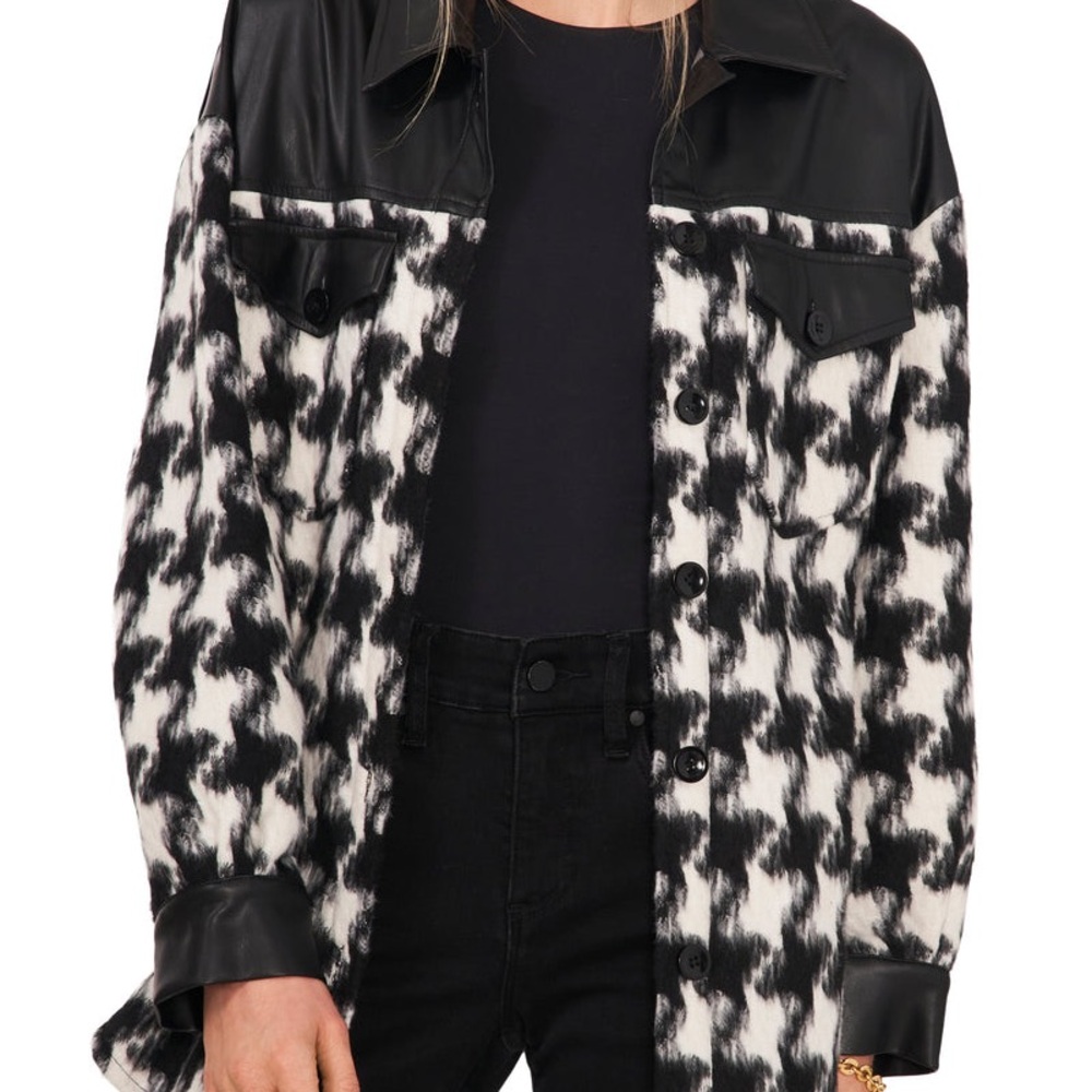 NWT Vince Camuto Textured Houndstooth & Faux Leather Button Down Jacket